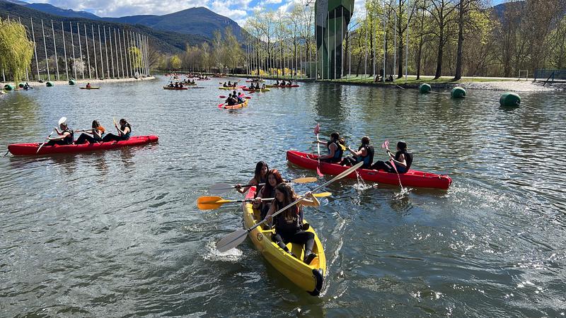 Teens enjoying a canoeing day in the Segre Olympic Park on April 3, 2023
