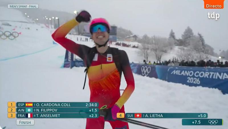 Oriol Cardona Coll, of Banyoles, celebrates after winning the gold medal in the ski mountaineering men's sprint at the 2026 Games