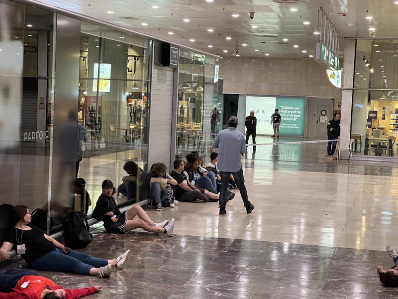 A person playing a terrorist during an anti-terrorist operation drills in Barcelona Sants train station on October 27, 2023