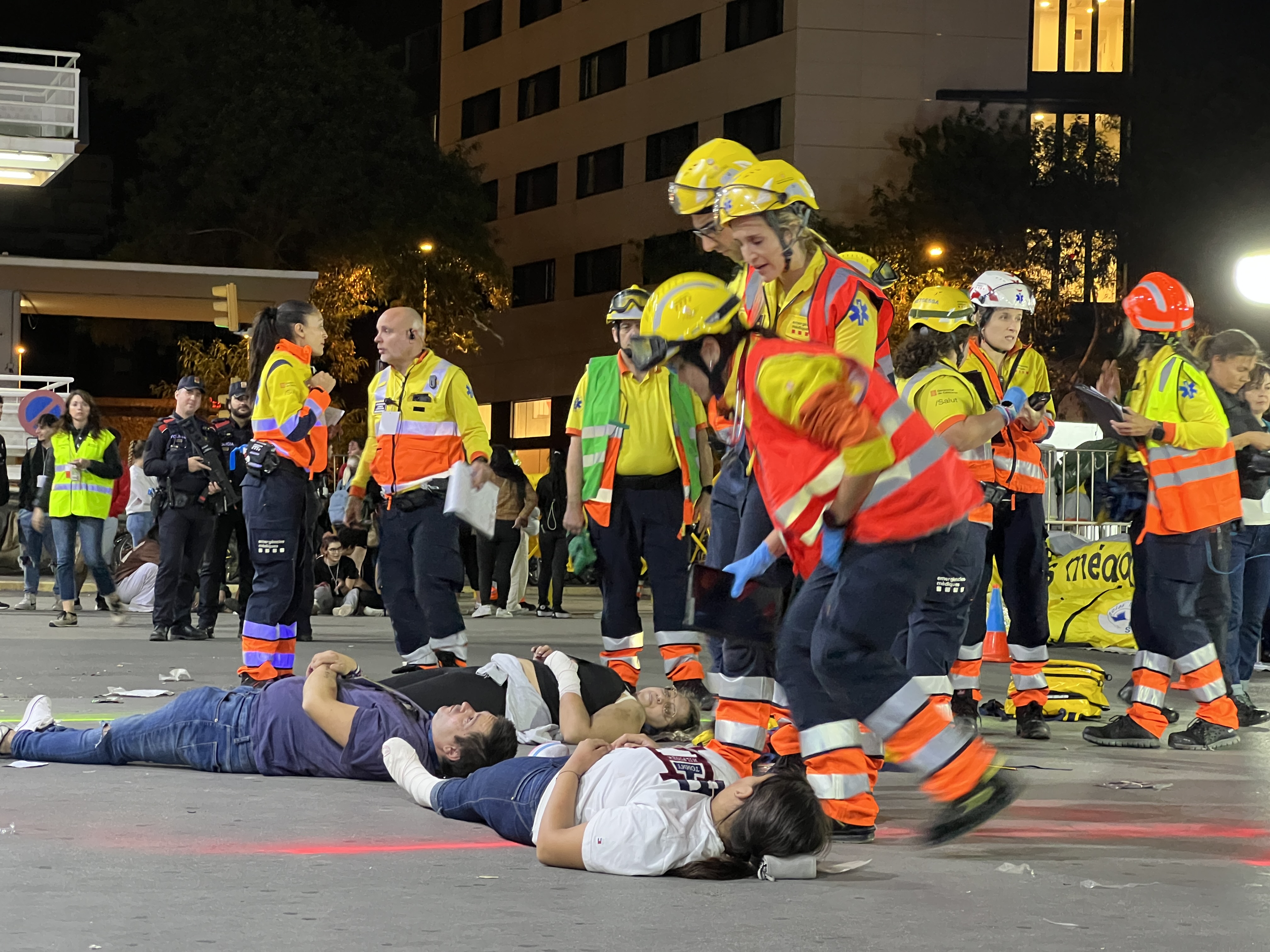 Catalan health emergency services attend dozens of injured after an anti-terrorist operation drill at Barcelona Sants train station on October 27, 2023