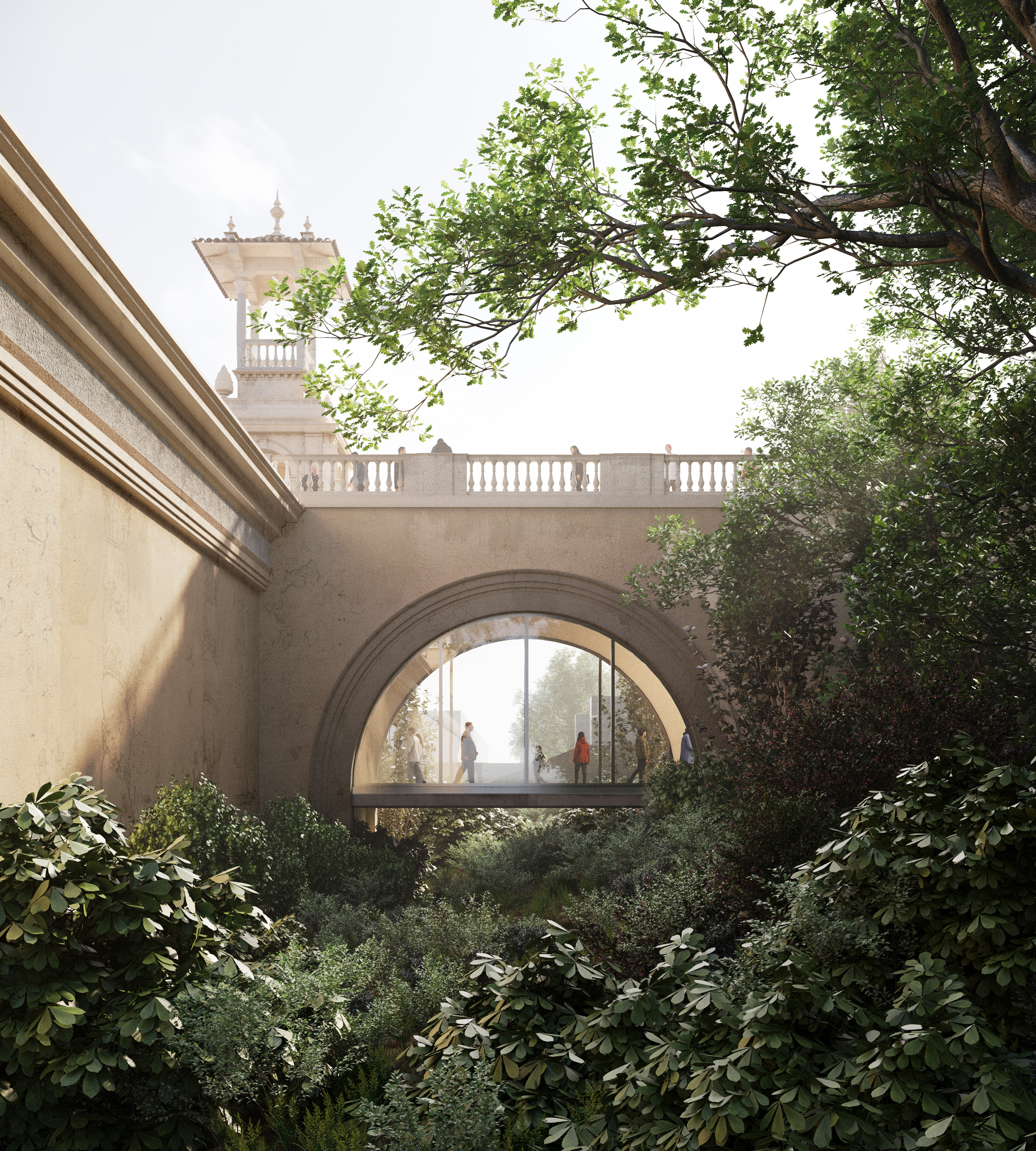 Rendered image of the covered walkway that will be built to connect the two MNAC buildings after its expansion