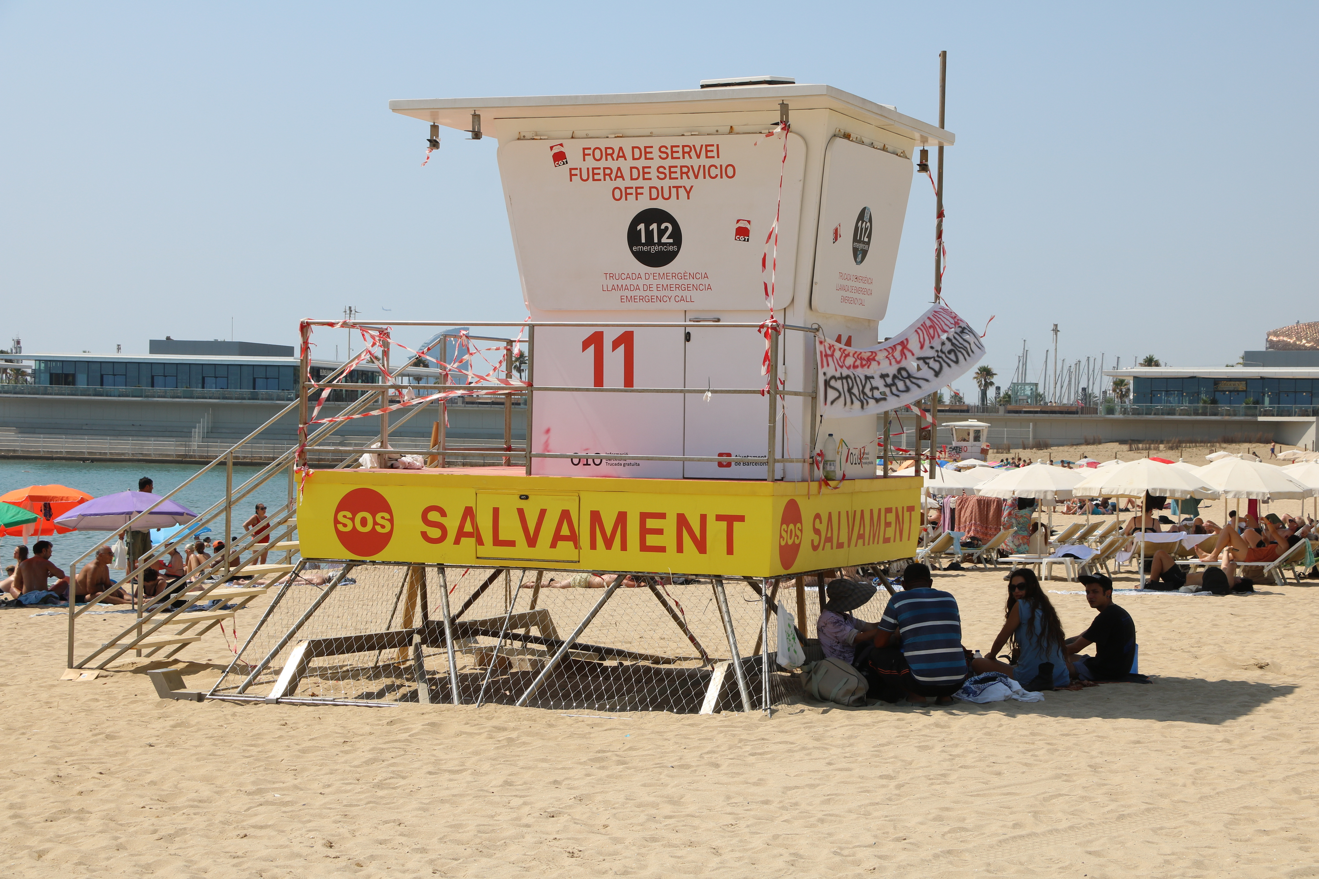 A lifeguard hut on Bogatell beach in Barcelona closed as part of the lifeguards' strike