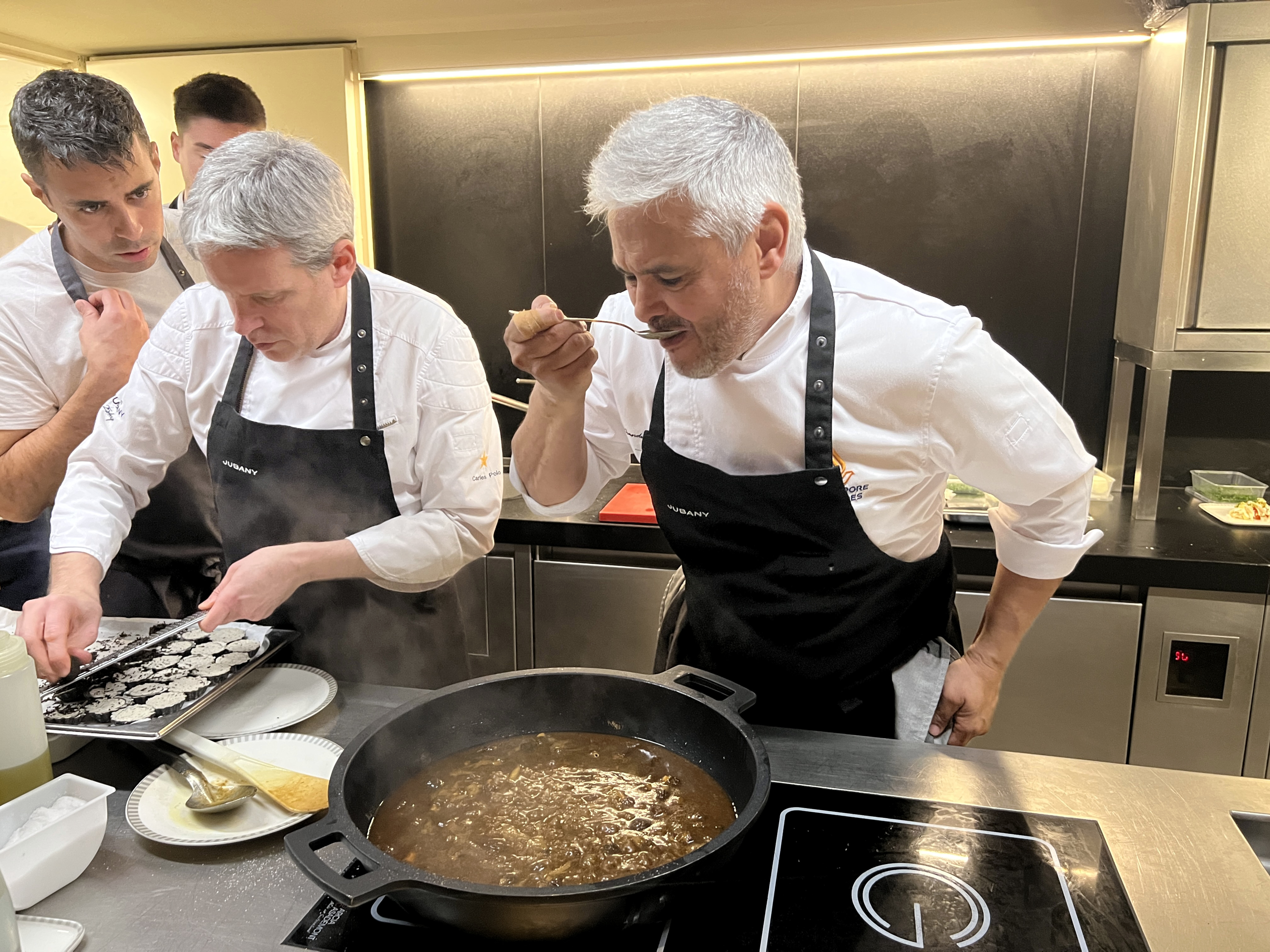 Chef Nandu Jubany tasting one of the dishes he has created for his Singapore Airlines menu