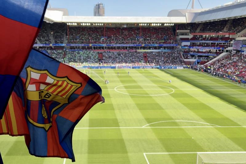 A FC Barcelona flag ahead of the Barça Women's team Champions League final against Wolfsburg in Eindhoven on June 3, 2023