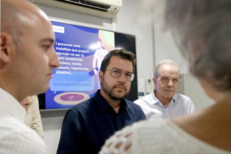 Catalan president Pere Aragonès visit the Red Cross headquarters in Sabadell on August 18, 2023