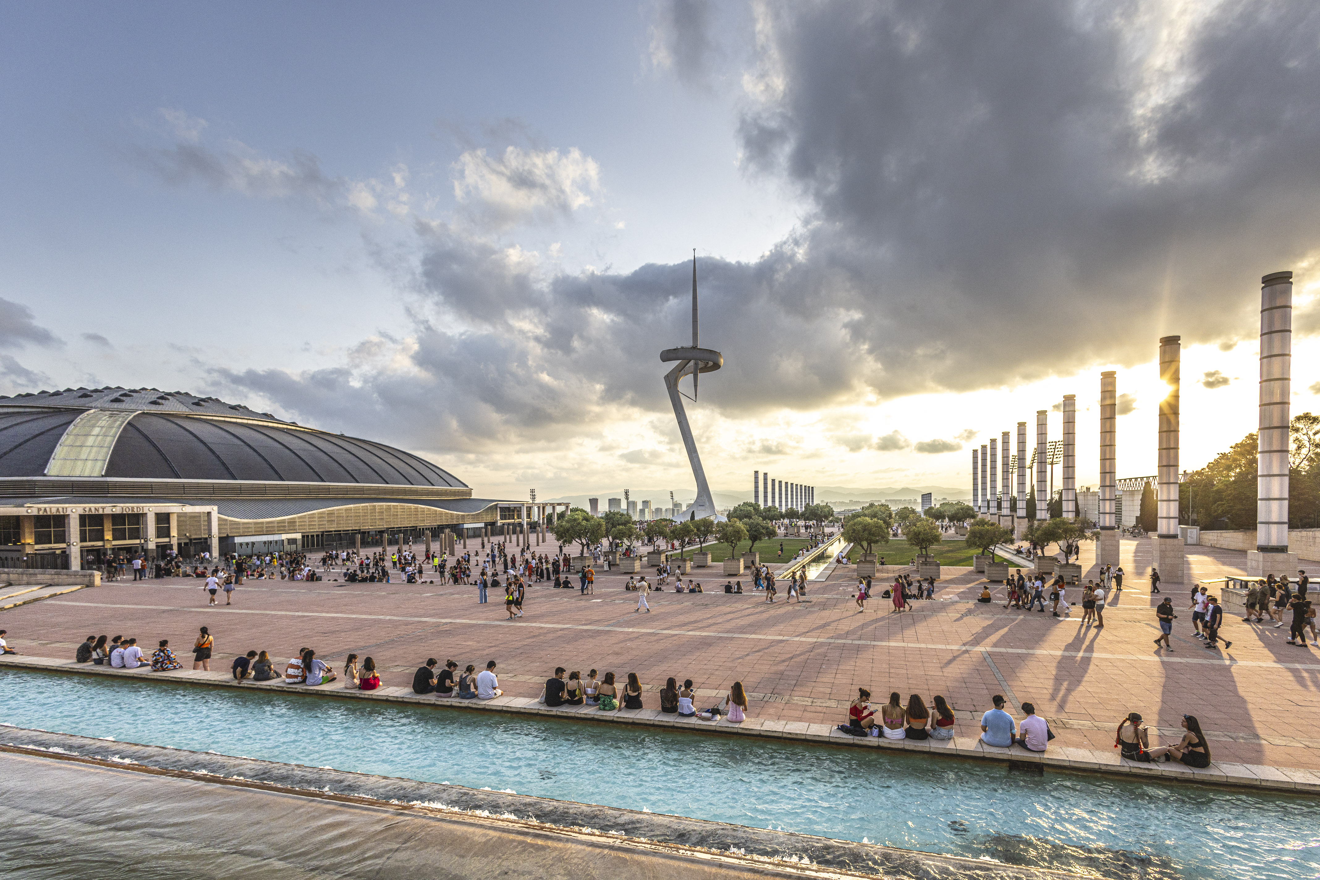 The Olympic Ring square with the Palau Sant Jordi and the Torre Montjuïc