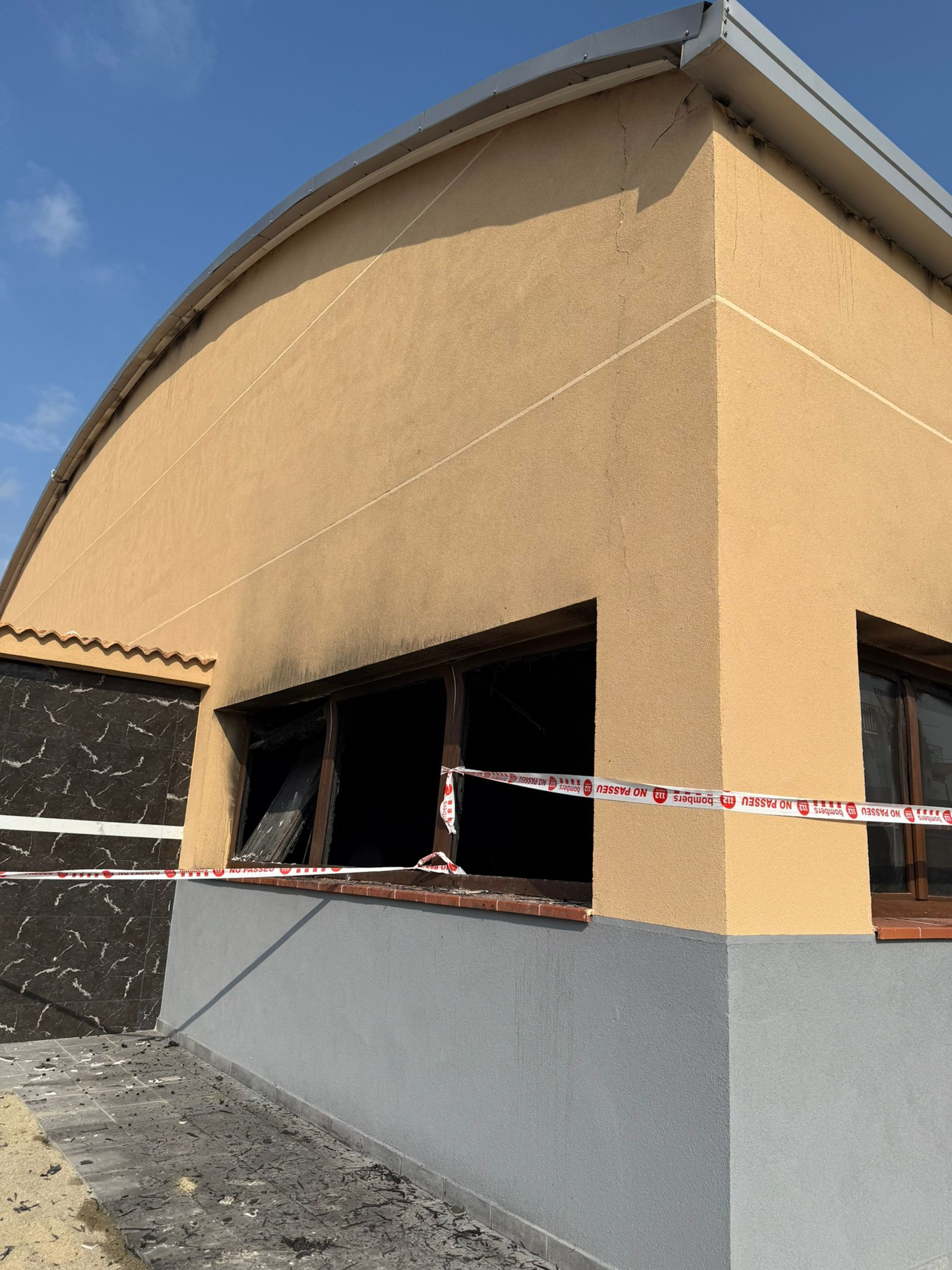 Exterior of the mosque in Piera after a fire burned down the interior of the temple on July 12, 2025