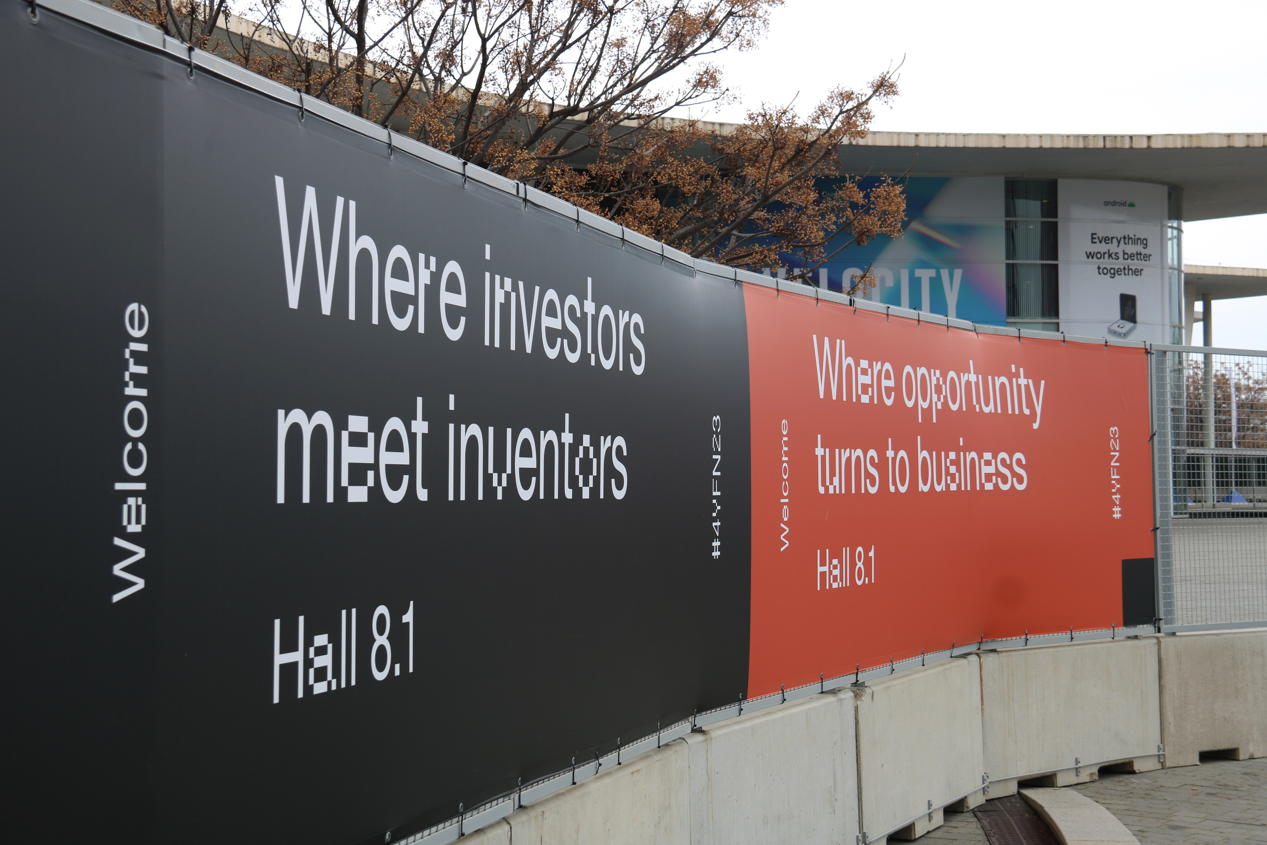 4YFN startups fair posters just outside the MWC23 venue in Hospitalet de Llobregat's Fira de Gran Via exhibition halls