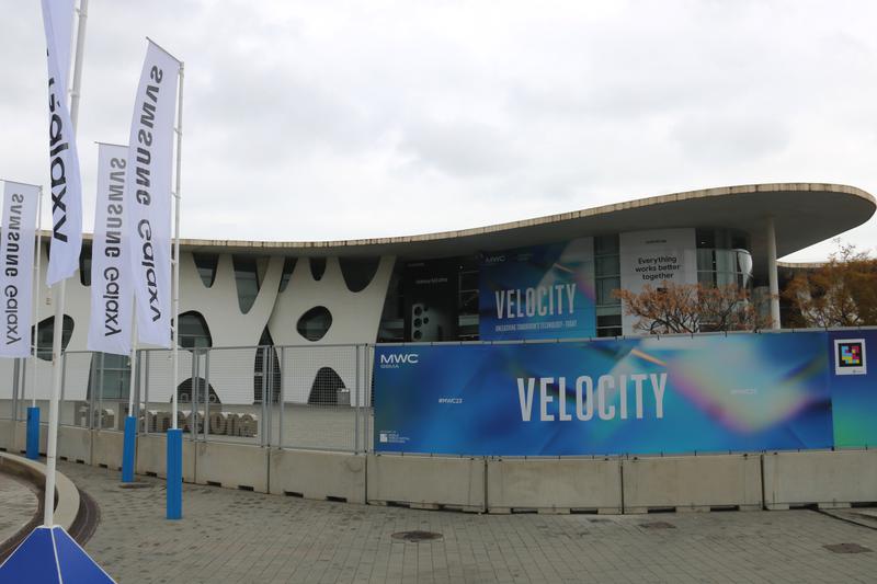 MWC 2023 entrance with 'Velocity' printed as the moto of the fair