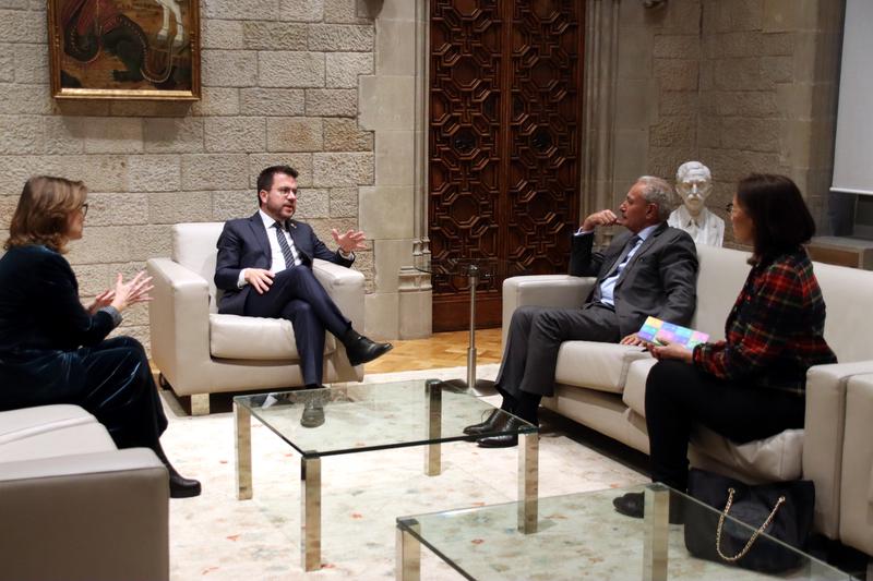 President Pere Aragonès and the secretary general of the Union for the Mediterranean, Nasser Kamel, meet at the Palau de la Generalitat with foreign minister Meritxell Serret and Mariam Diallo, UfM chief of staff