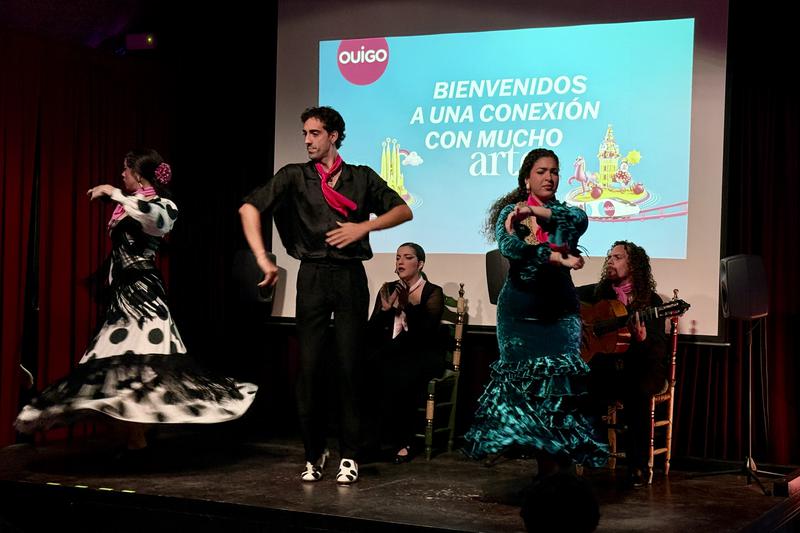 Flamenco dancers during Ouigo's presentation of the new route connecting Barcelona and Seville on October 22, 2025
