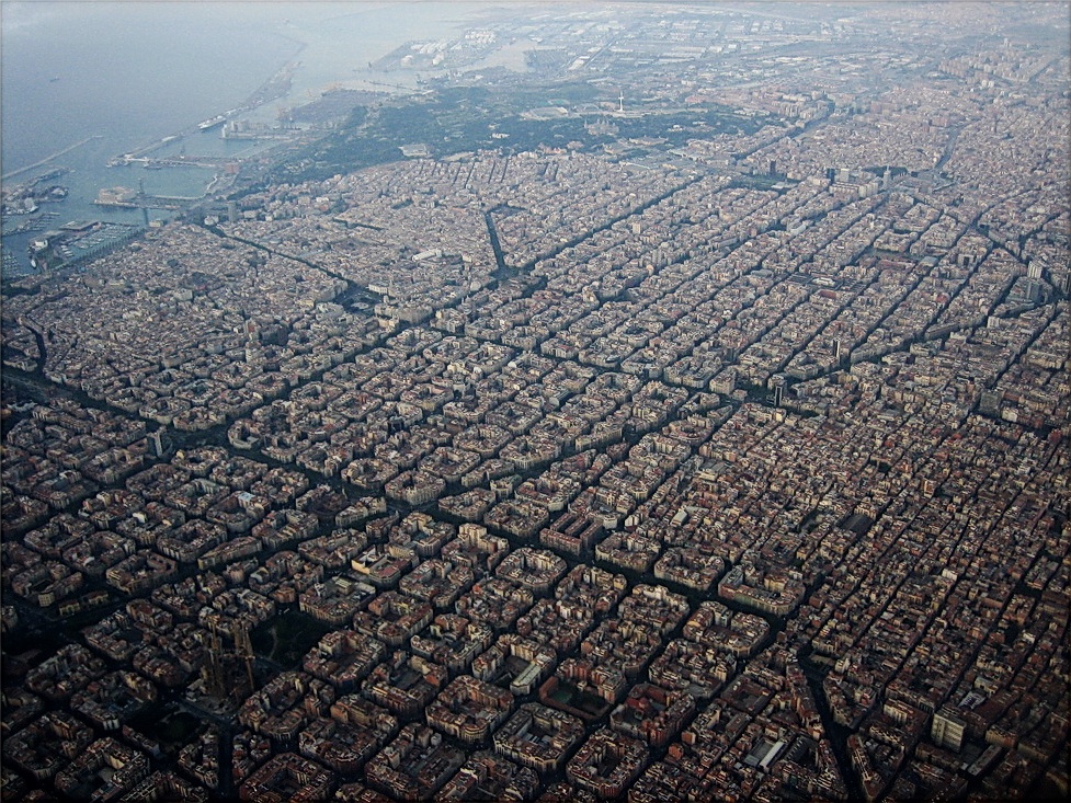 Eixample, the grid system of Barcelona, seen from the air.