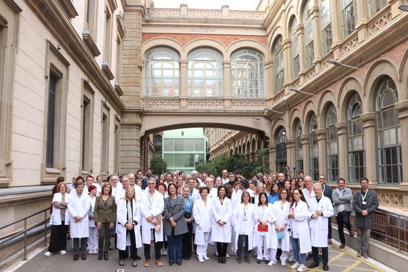 Healthcare professionals gather at Hospital Clinic in Barcelona for the ceremony marking five years of the first case of Covid-19 confirmed in Catalonia