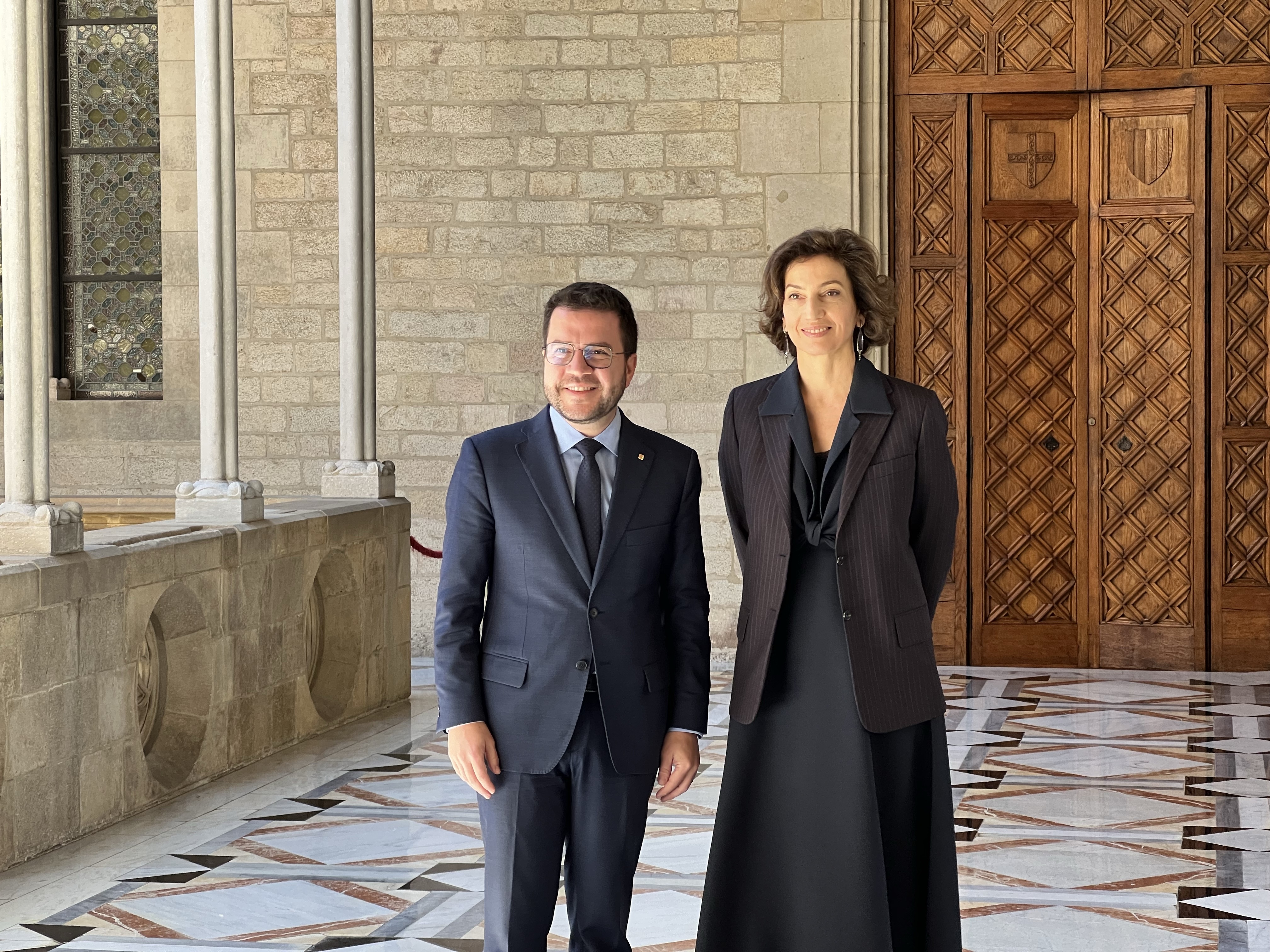 Catalan president Pere Aragonès and UNESCO general director Audrey Azoulay in the Catalan government headquarters on April 10, 2024