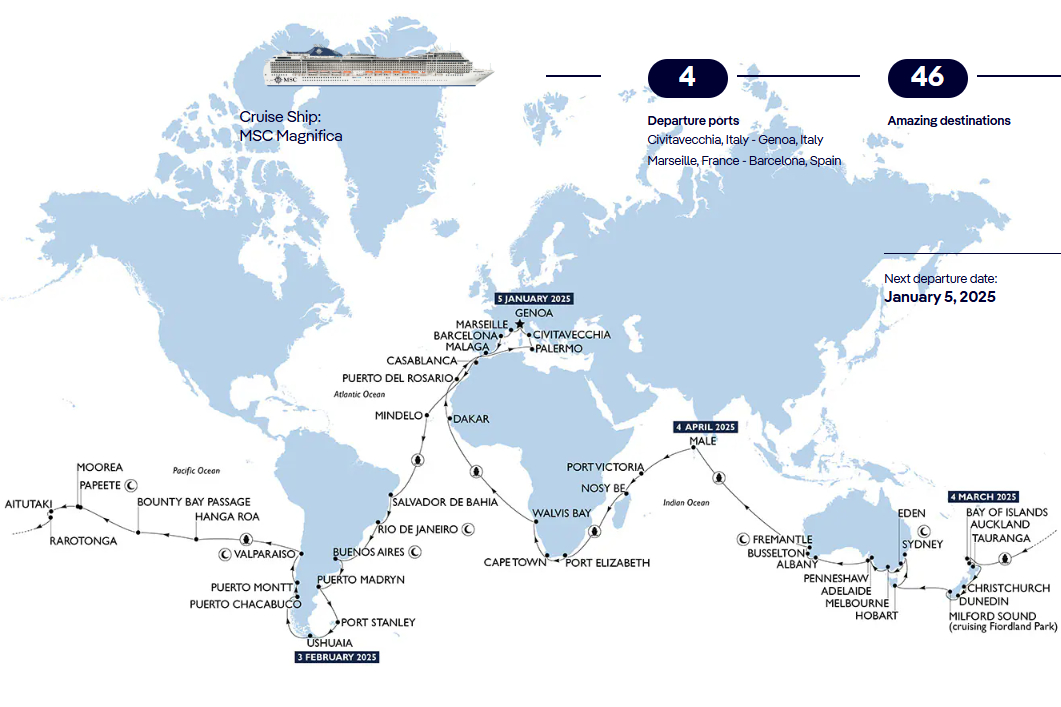 The route of the four-month around-the-world cruise ship