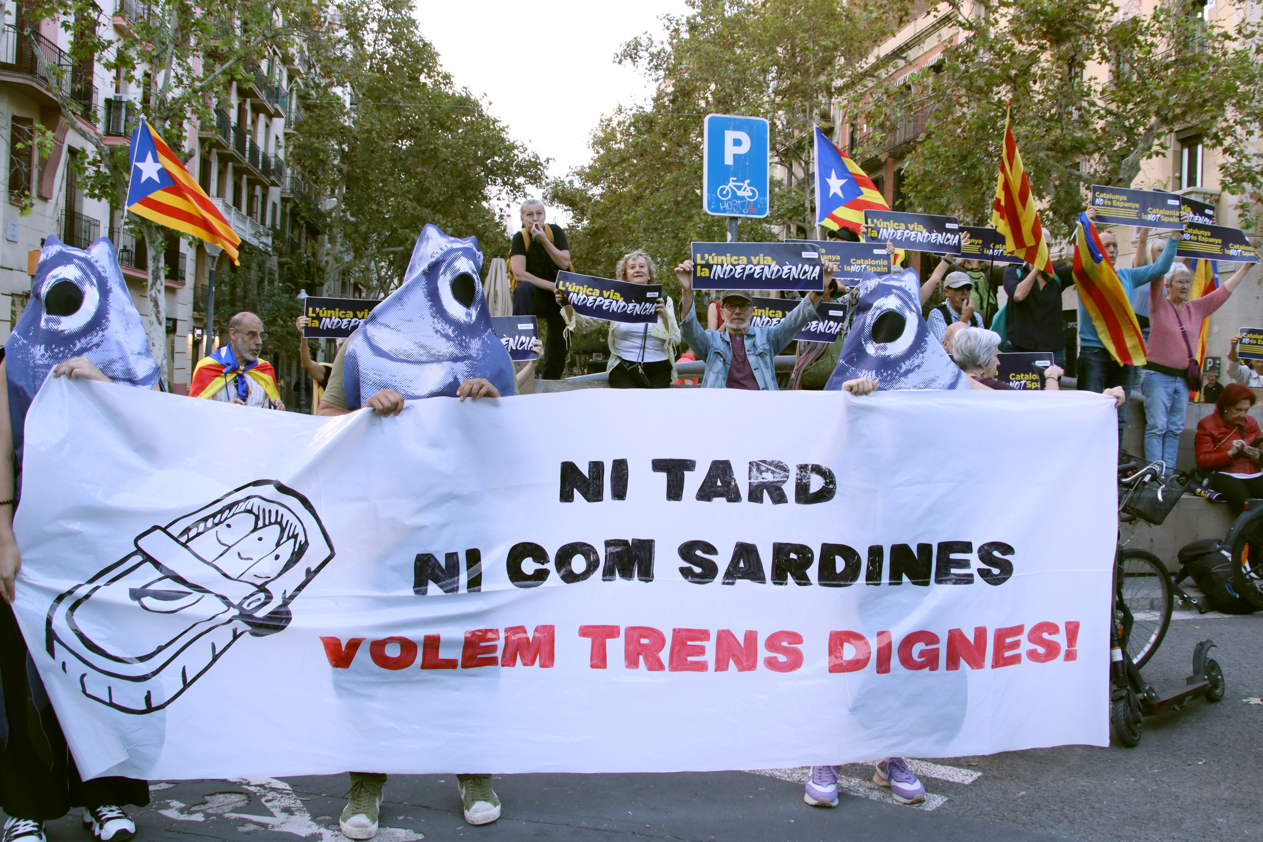 Protestors dressed as sardines complaining about train's delays and crowdedness