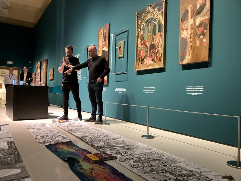 Writer Jordi Carrión and illustrator Sagar during a press conference at the Catalan National Art Museum presenting the 'El Museu' comic on March 27, 2023