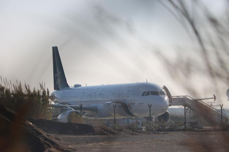 The Turkish Airline airplane after making an emergency landing at Barcelona airport over a bomb threat