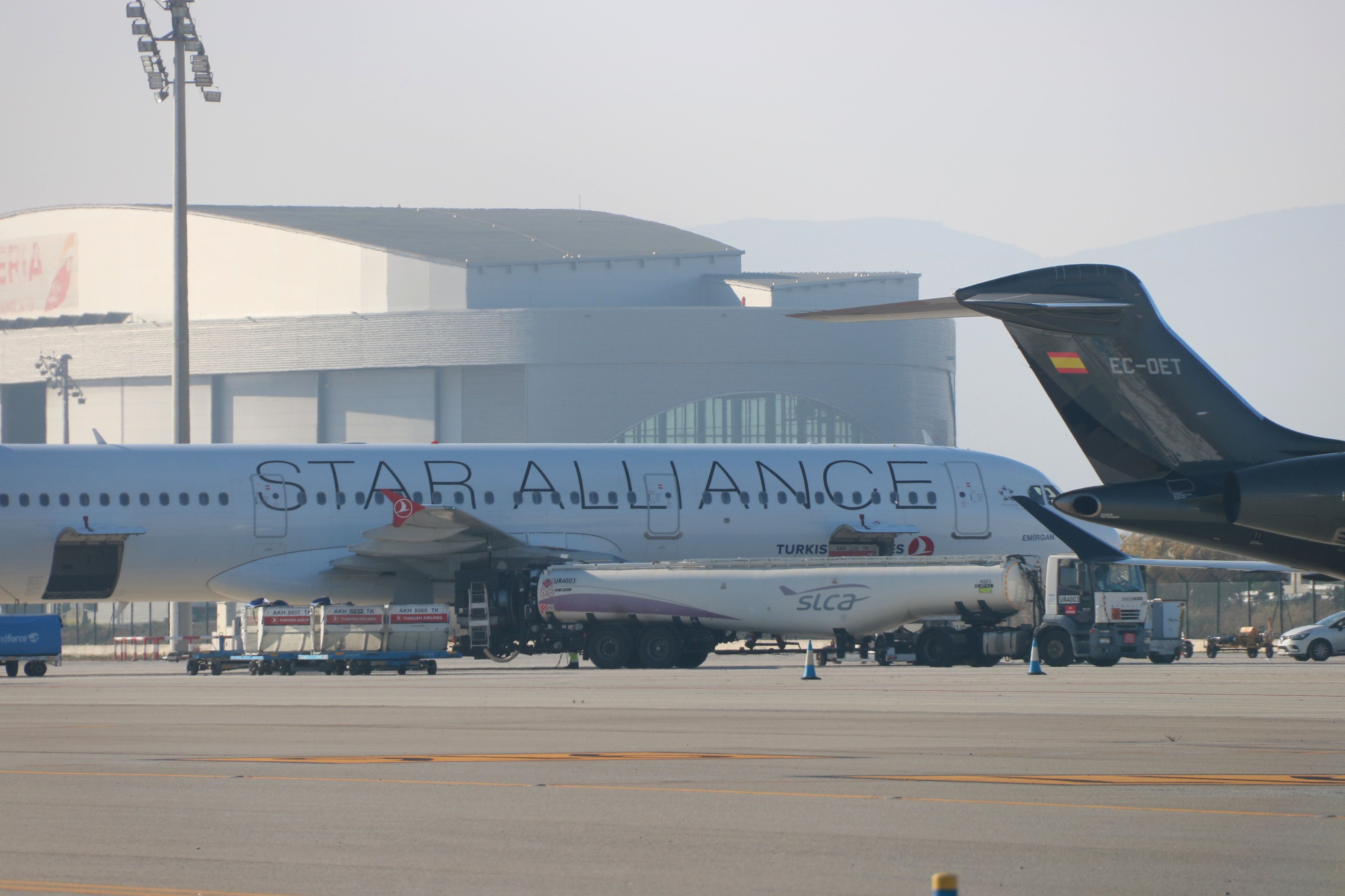 The Turkish Airline airplane in Barcelona after an emergency landing