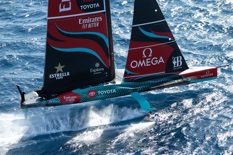 The Emirates Team New Zealand boat practicing in Barcelona ahead of the America's Cup on October 1, 2024