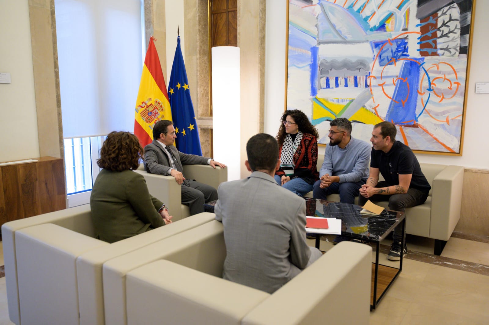 Spanish Foreign Minister José Manuel Albares meeting with the family of Catalan-Palestinian activist Saif Abukeshek