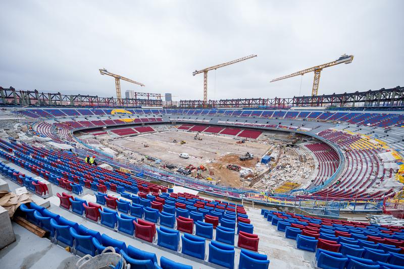 Cranes and construction workers at the Spotify Camp Nou during FC Barcelona's stadium renovation in early March 2025