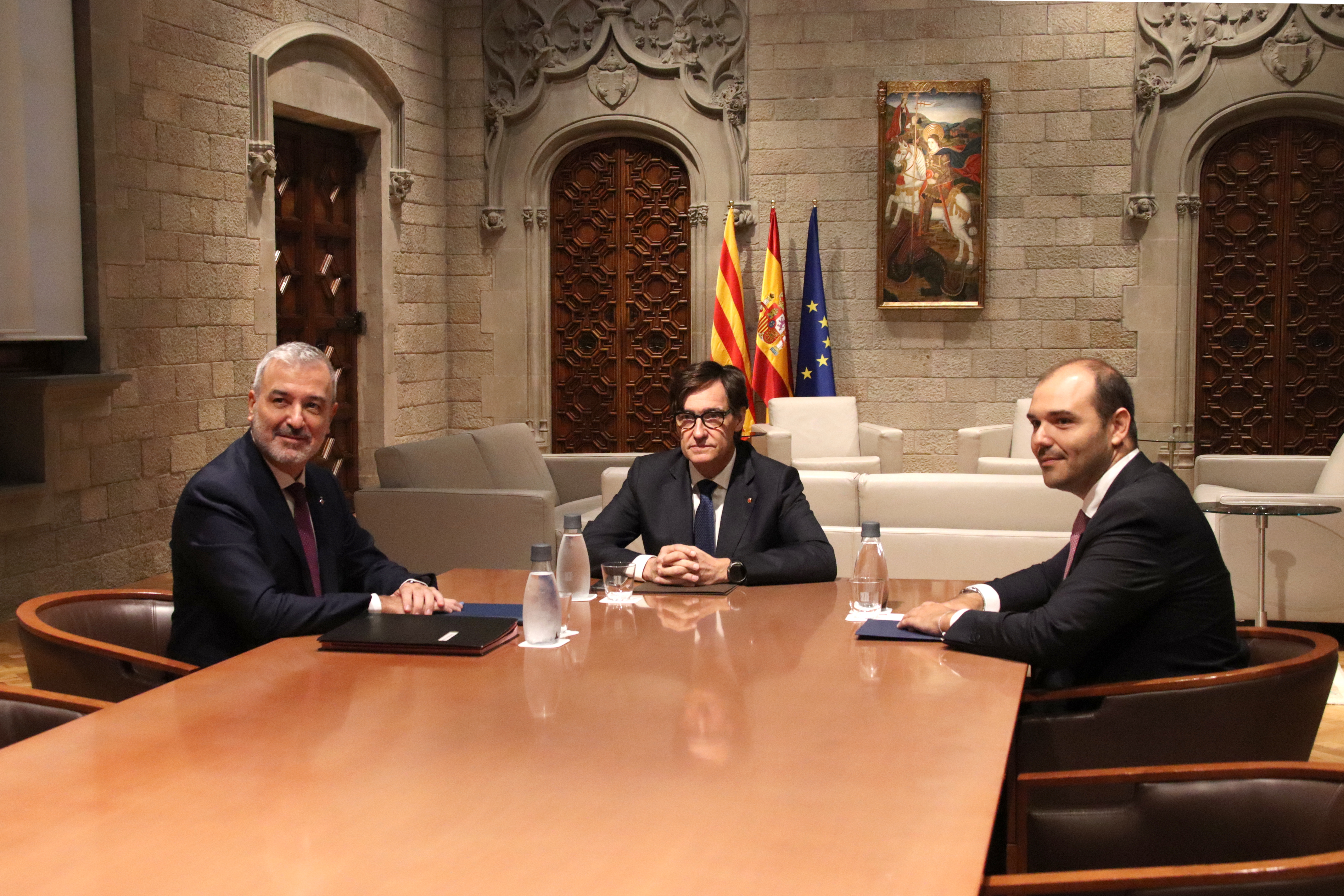 Barcelona mayor Jaume Collboni, president Salvador Illa, and presidency minister Albert Dalmau during a meeting in the Catalan capital on September 4, 2024