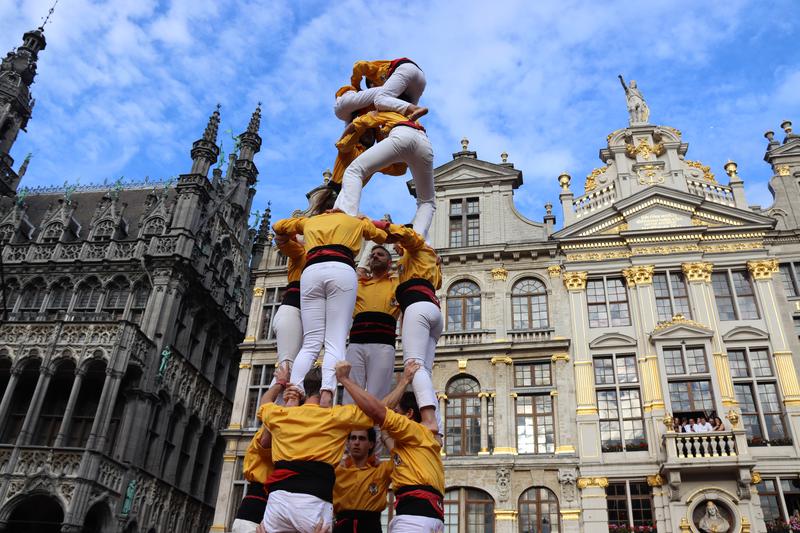 Brussels' castells group Mannekes build one of their first human towers in the Grand Place in the city center