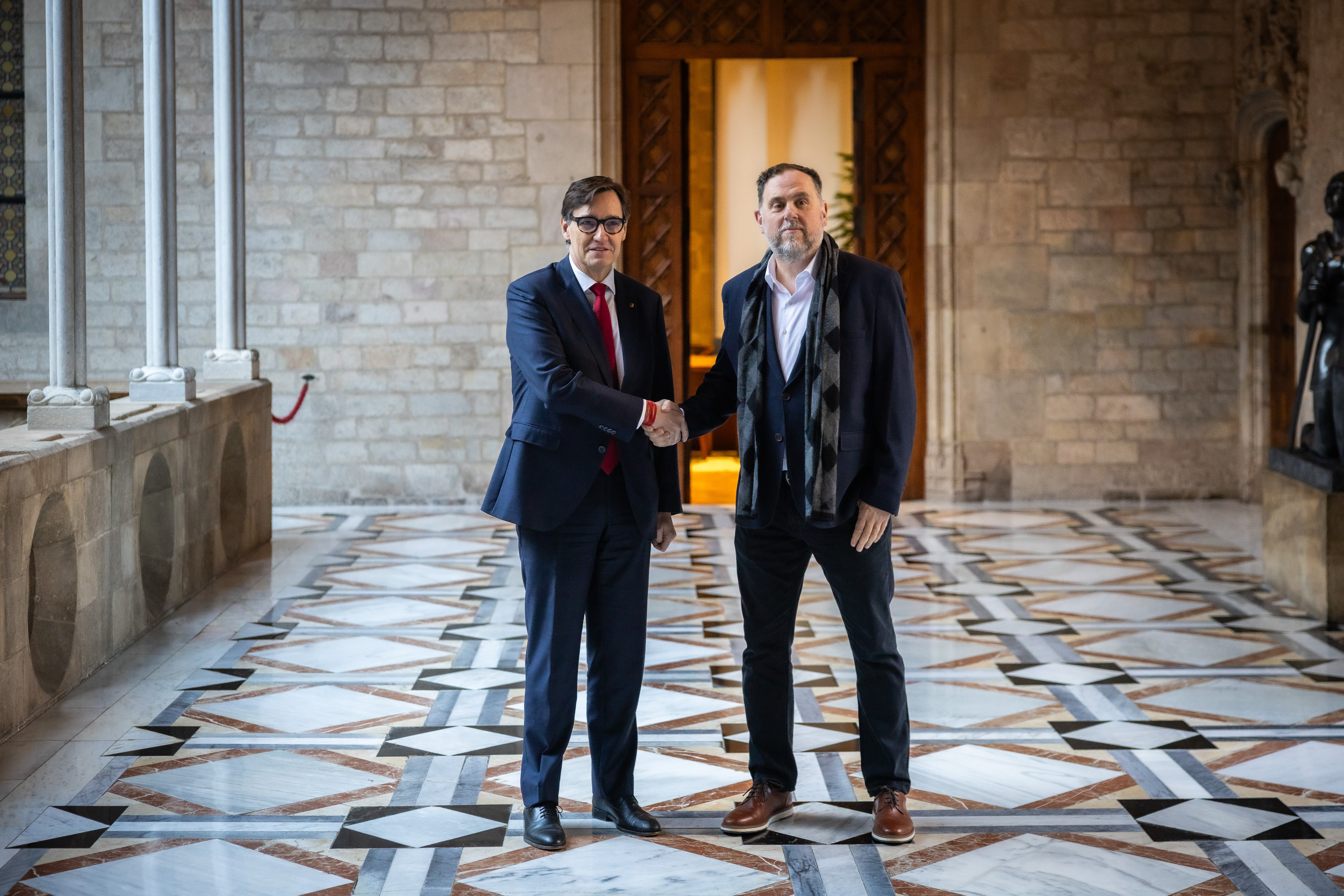 Catalan president Salvador Illa meets Esquerra Republicana party leader Oriol Junqueras to talk about Catalonia's funding model on January 9, 2026