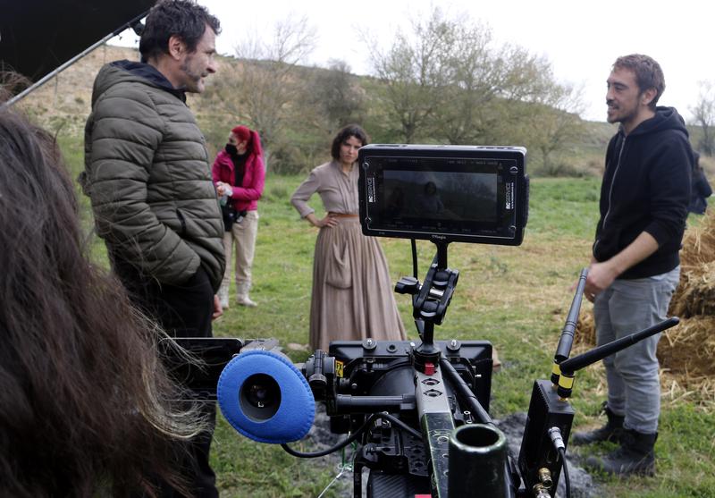 A moment of the filming for "Escanyapobres" by Ibai Abad in the western town of Almacelles in March 2022