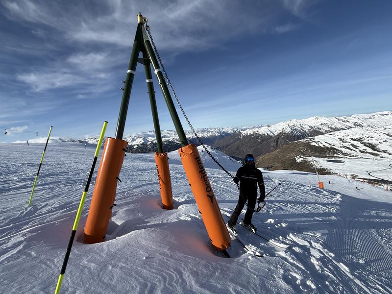 A ski resort technician tests some of the mechanisms on the Baqueria Beret slopes