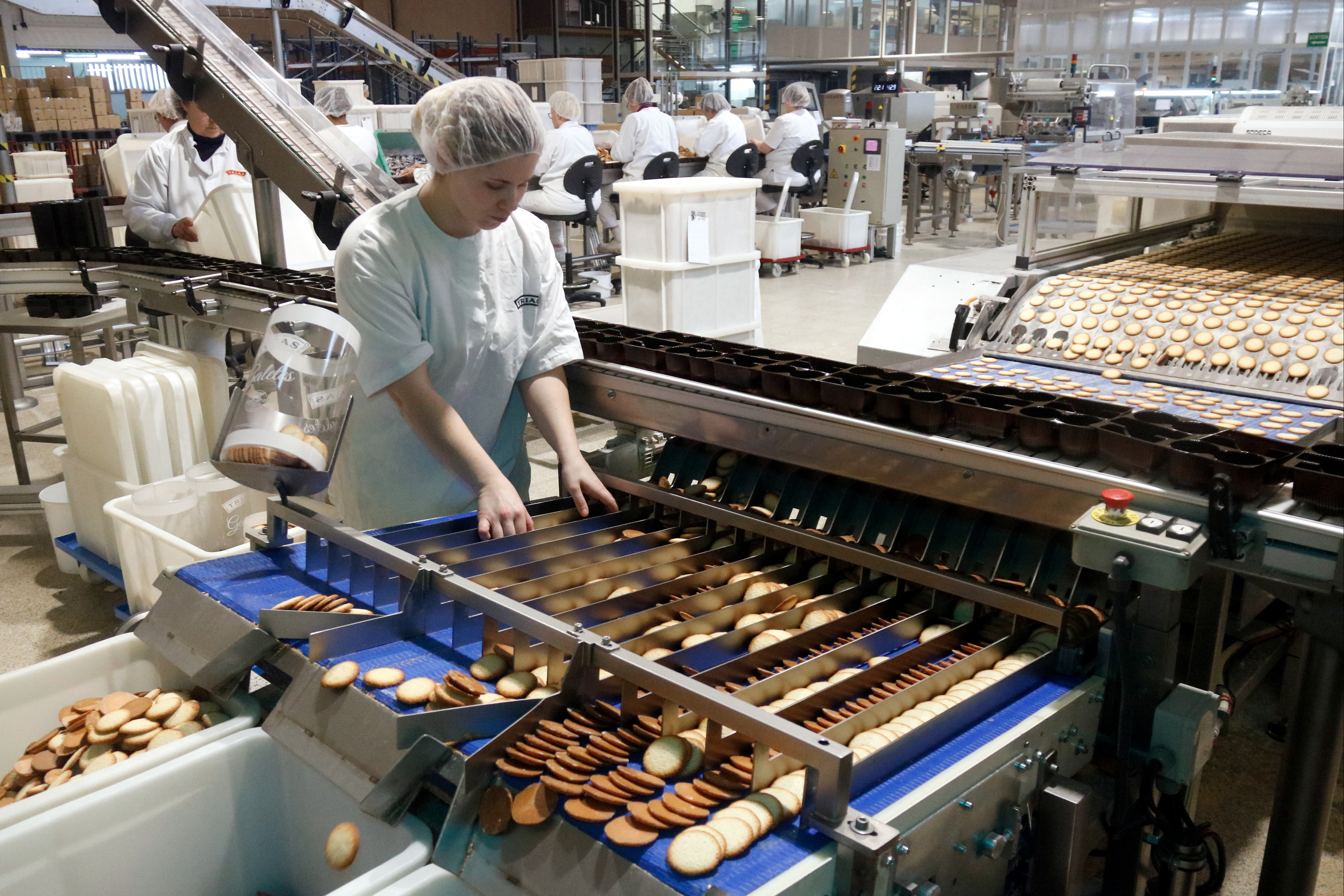 A worker of the Galetes Trias company prepares boxes of cookies in a factory in Santa Coloma de Farners