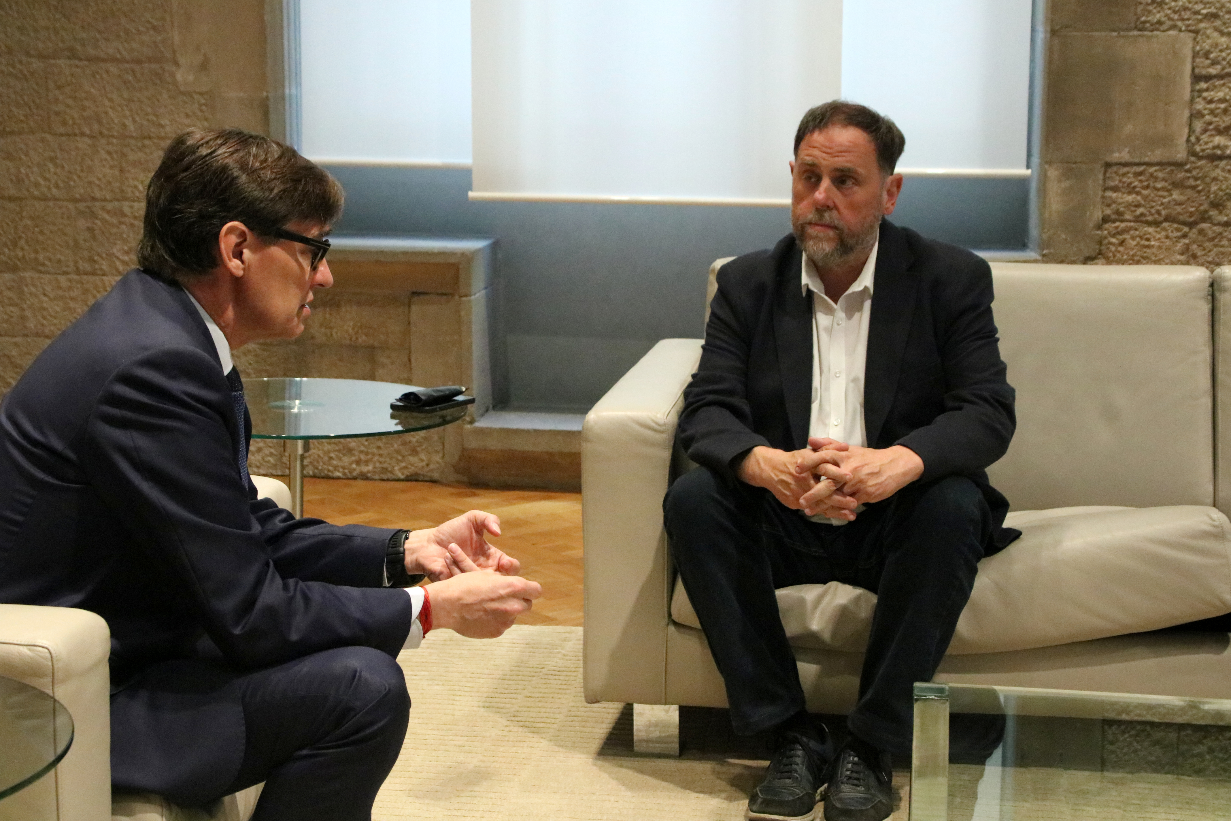 President Salvador Illa and ERC leader Oriol Junqueras meet before signing the budget agreement