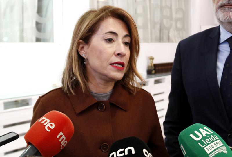 Spain's transport minister Raquel Sánchez speaks to media in Lleida
