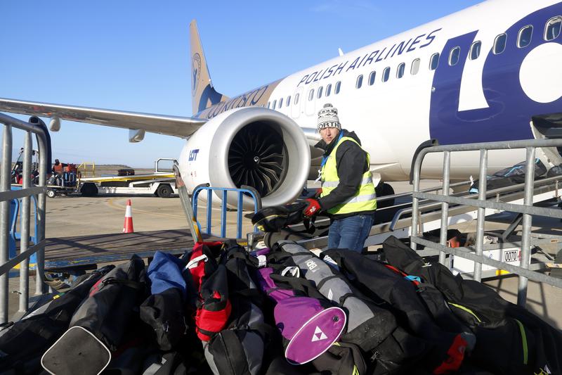 Ski equipment of the passengers on the Polish Airlines flight arriving on Friday morning at Lleida-Alguaire airport