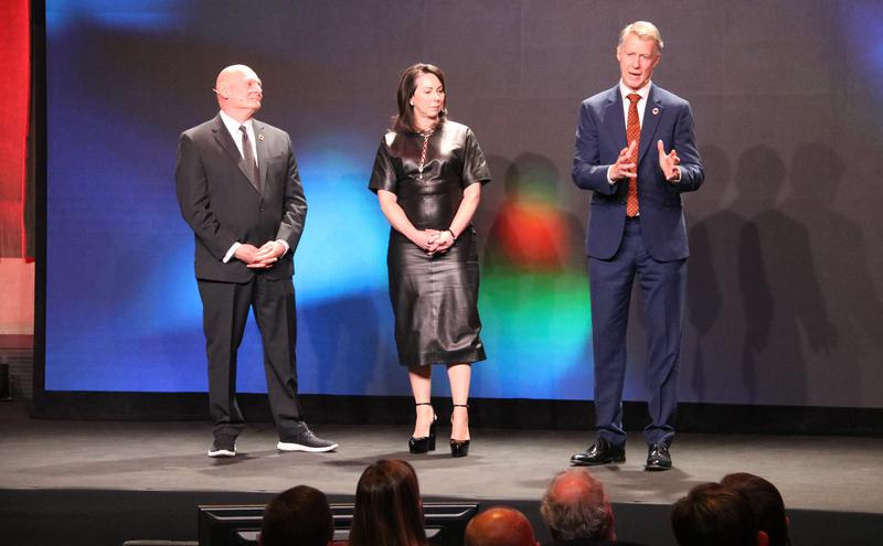 GSMA CEO John Hoffman, marketing director Lara Dewar, and director general Mats Granryd, during the presentation of MWC 2025