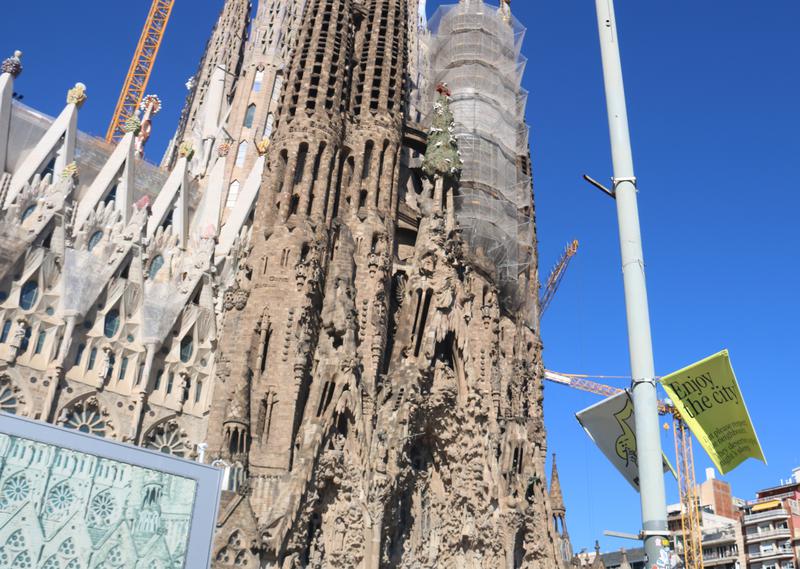 Informative banners in English outside the Sagrada Família, part of the city council's new tourism management plan