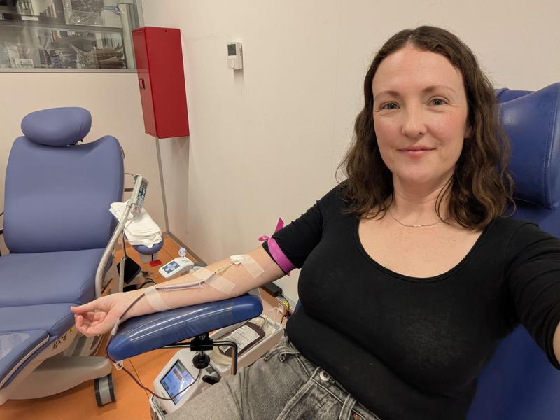 Tess Humphrys donates blood for the first time after change in protocol for former UK residents