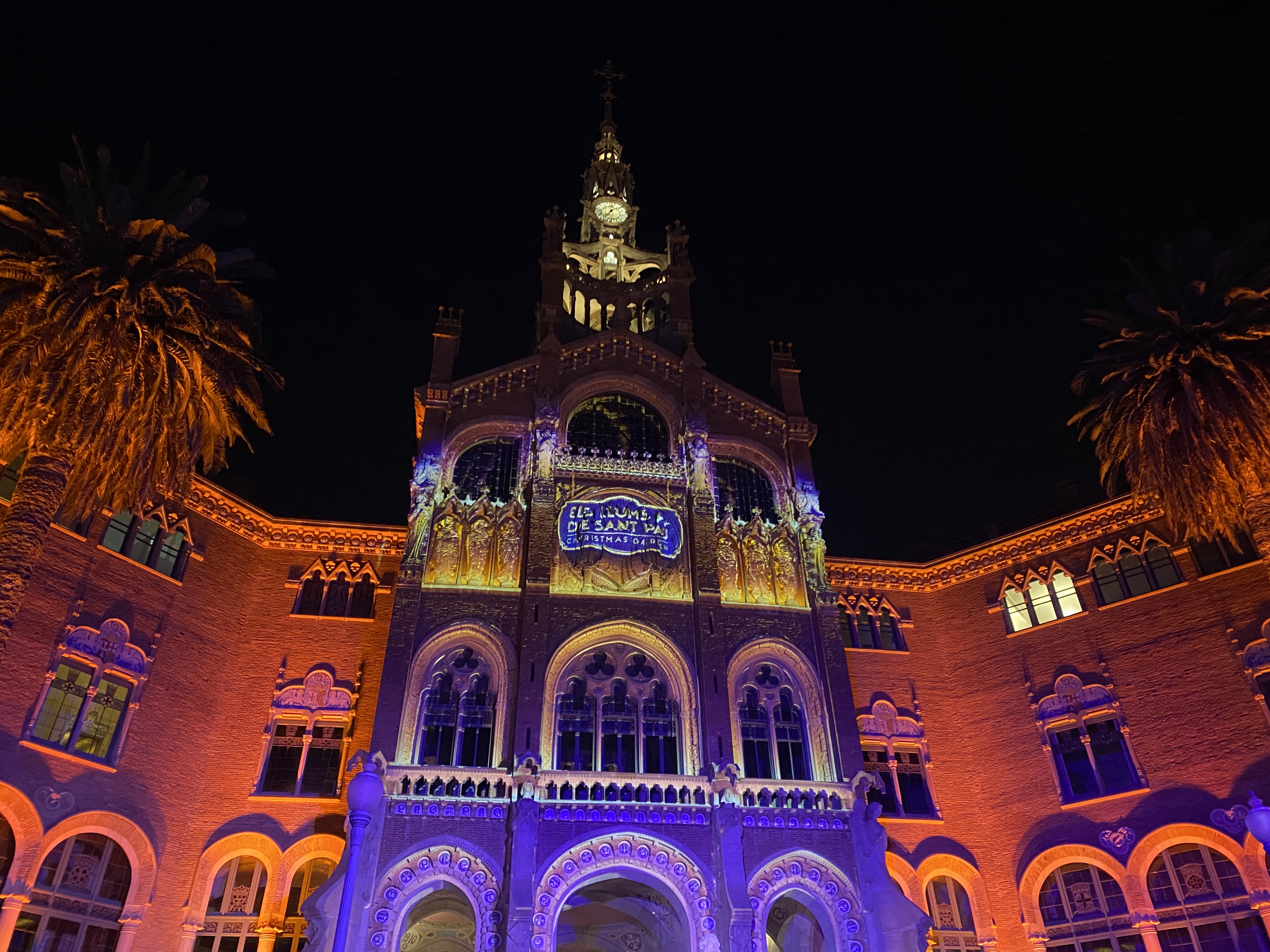 The front entrance of Recinte Modernista de Sant Pau lit up for the opening ceremony on Thursday