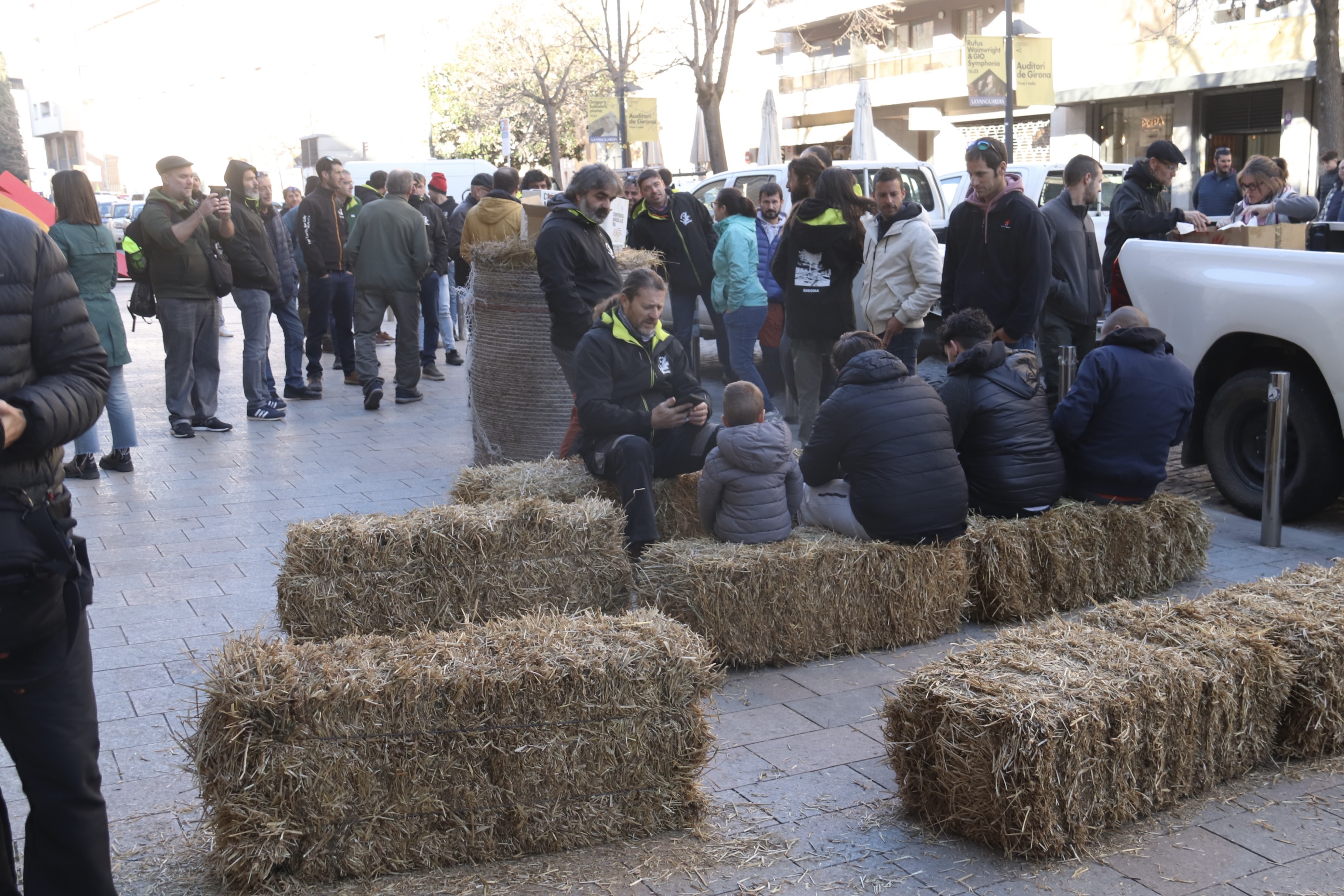 Farmers united in the Revolta Pagesa protest group placed straw bales on the streets of the northern city of Girona during a demonstration on February 6, 2025