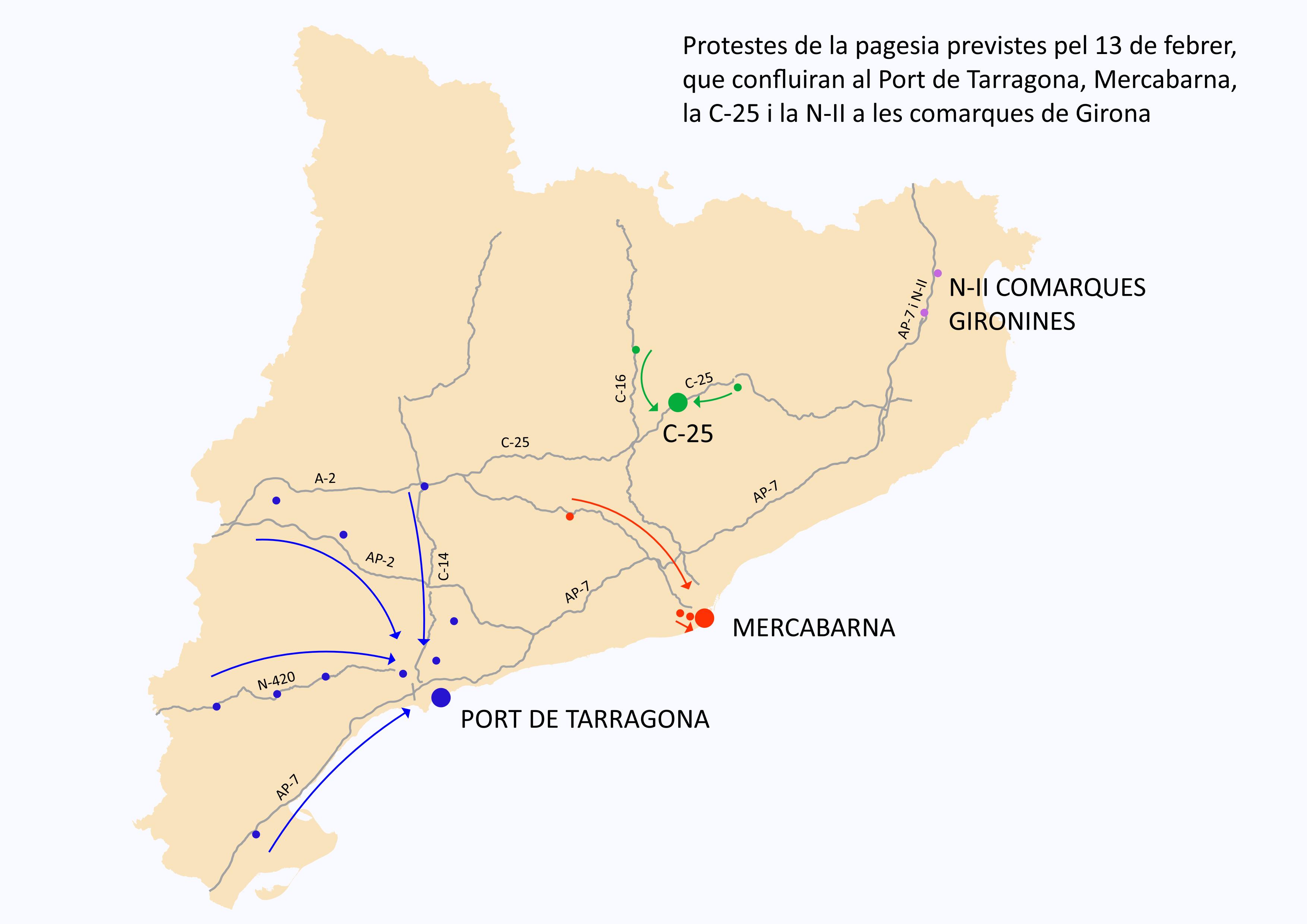 Mapa amb les diverses protestes de la pagesia previstes per aquest dimarts, que confluiran al Port de Tarragona, a Mercabarna, la C-25 i la N-II a les comarques gironines