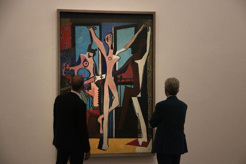 Marko Daniel, director of the Joan Miró Foundation and Emmanuel Guigon, director of Picasso Museum look at Pablo Picasso's 'The Three Dancers' on October 19, 2023