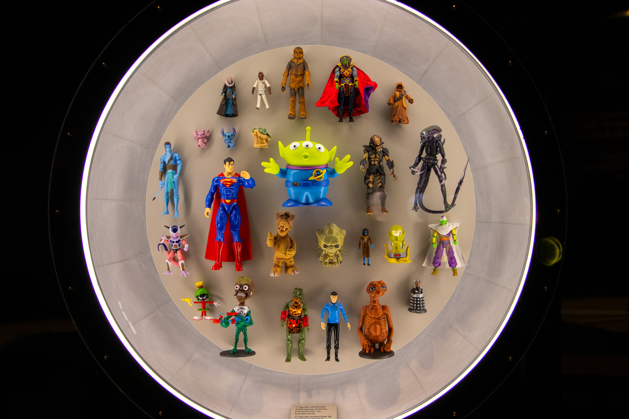 Some pop culture alien figurines exhibited at an exposition in CosmoCaixa on extraterrestrials