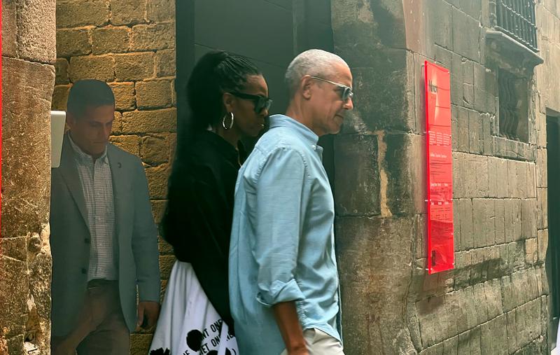 Former US president Barack Obama and his wife Michelle Obama leaving Moco Museum in Barcelona