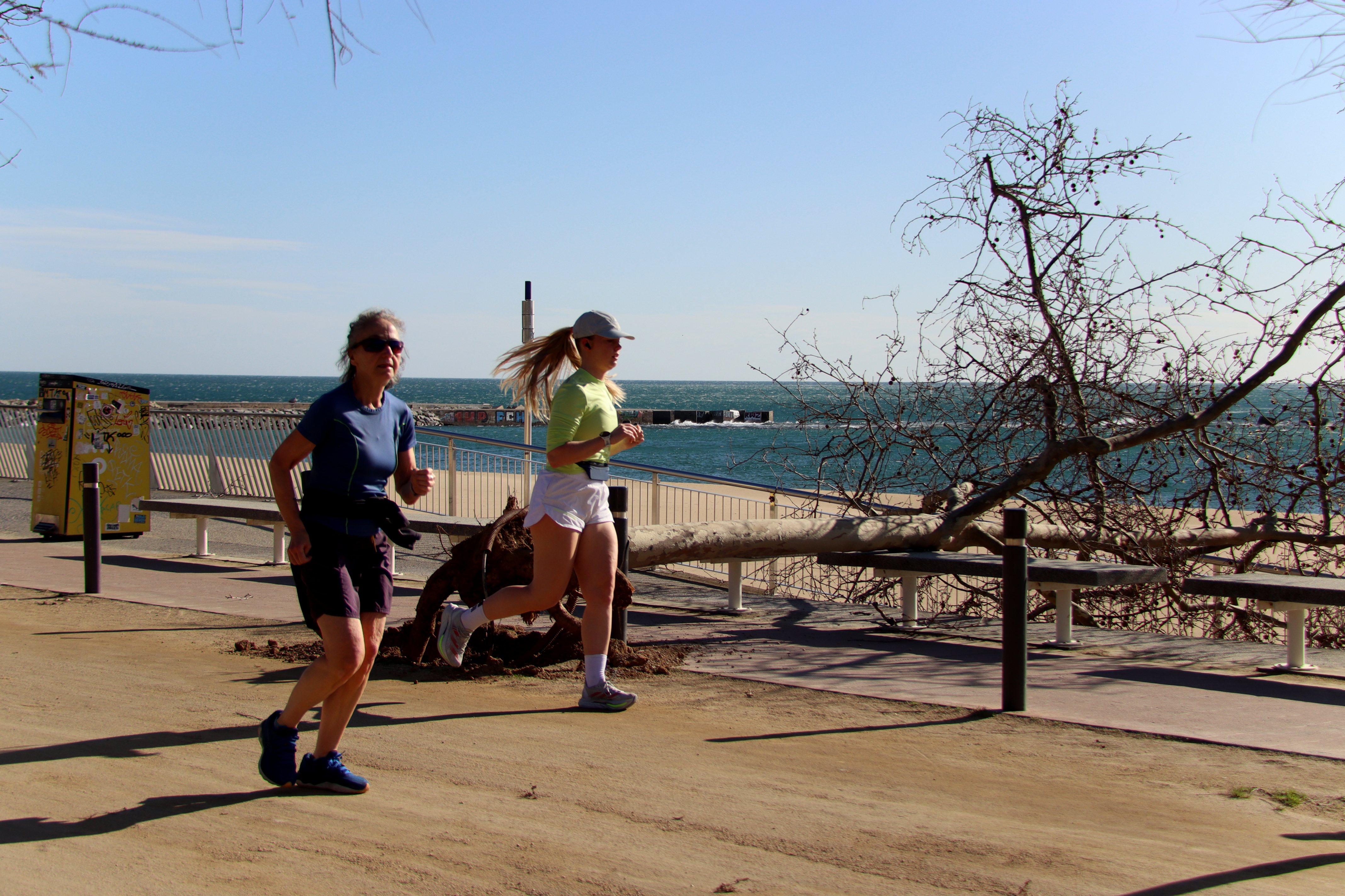 Two women running next to a fallen tree on Nova Icària beach in Barcelona during a strong wind episode.