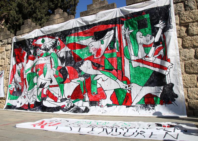 'Guernica' mural in Palestinian colors hung in Plaça Octavià in Sant Cugat del Vallès