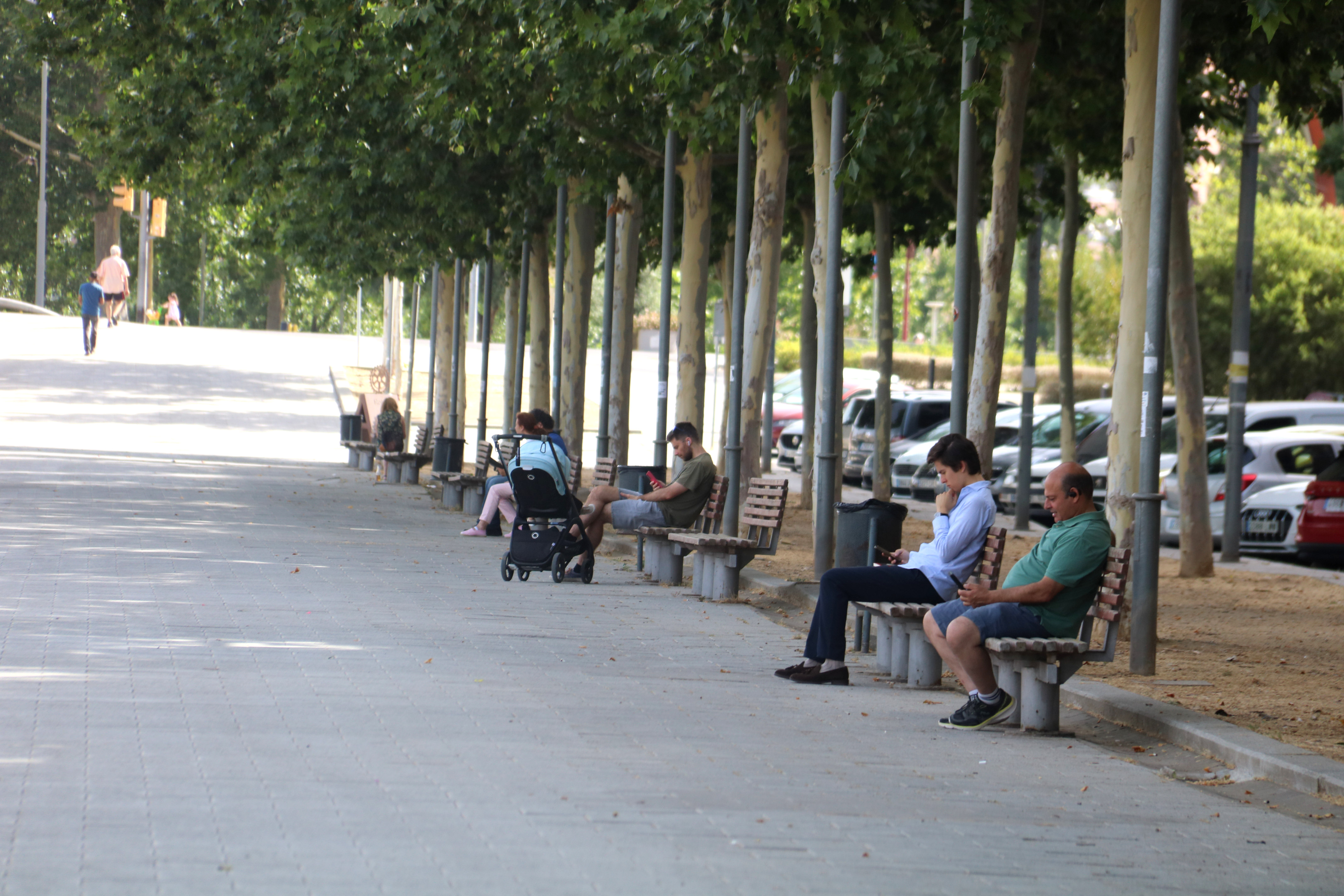 People sitting on benches in the shade during a heatwave in Lleida