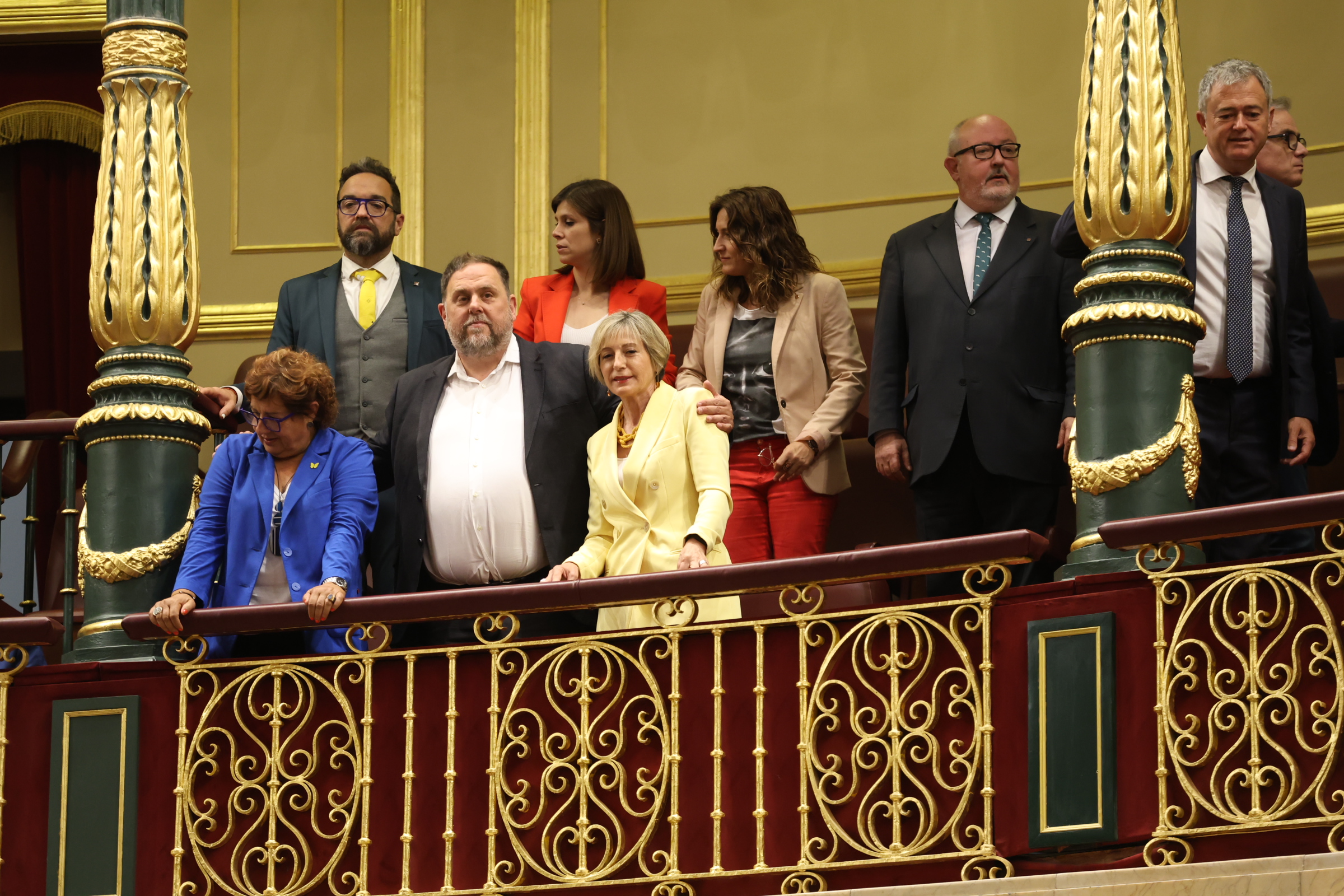 Esquerra Republicana leader Oriol Junqueras, Carme Forcadell, Laura Vilagrà, and some members of the party's board attend the amnesty law debate in Congress on May 30, 2024