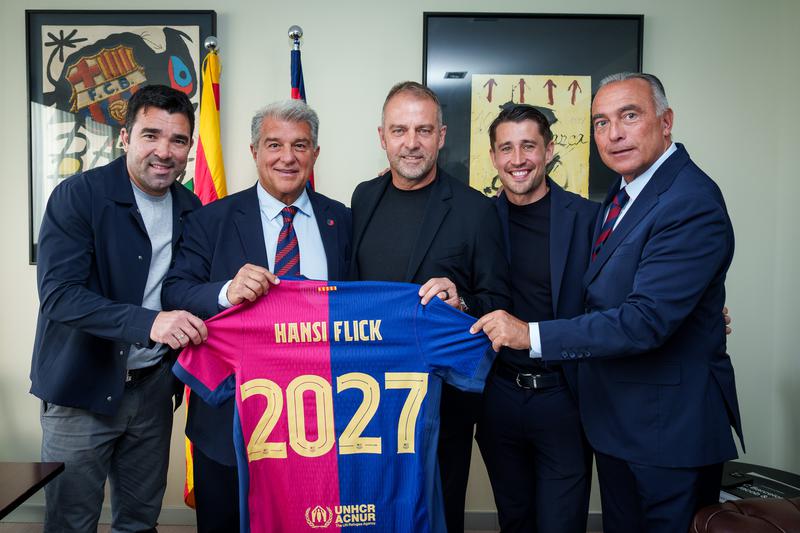 FC Barcelona president Joan Laporta and coach Hansi Flick announce the contract extension of the trainer