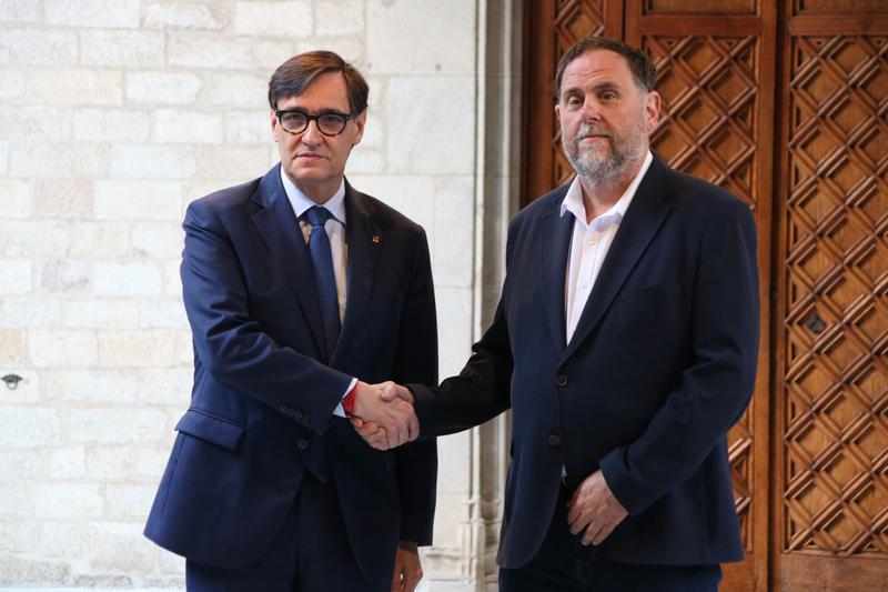 President Salvador Illa, and ERC leader Oriol Junqueras before signing the budget agreement